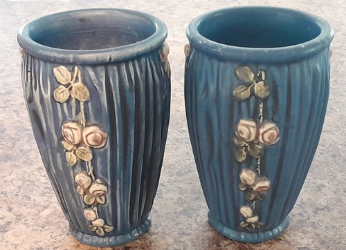 Pair Antique Weller Blue Drapery 1915 Art Pottery Matte Blue Ceramic (2) Vase