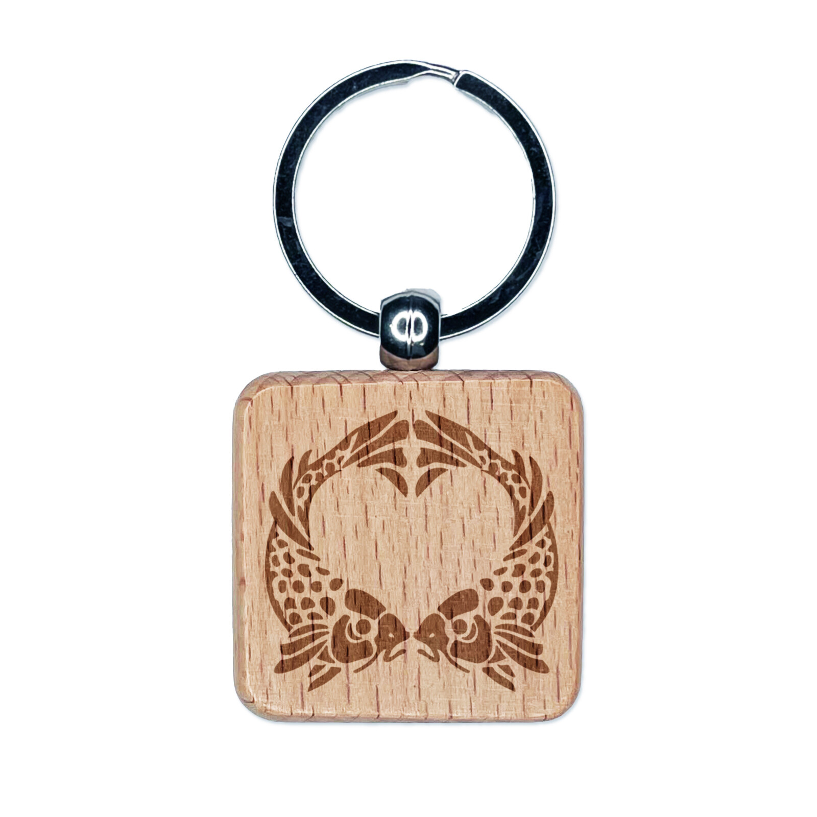 Valentines engraved wood heart keychain pair with fish design  