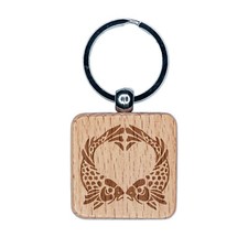 Pair of Fish Love Heart Valentine's Day Engraved Wood Square Keychain Tag Charm
