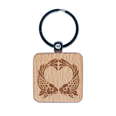 Pair of Fish Love Heart Valentine's Day Engraved Wood Square Keychain Tag Charm