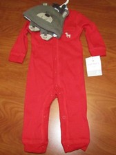 NEW CARTERS BABY RED ONE-PIECE WITH REINDEER HAT & SOCKS 3-PIECE SET 3M 