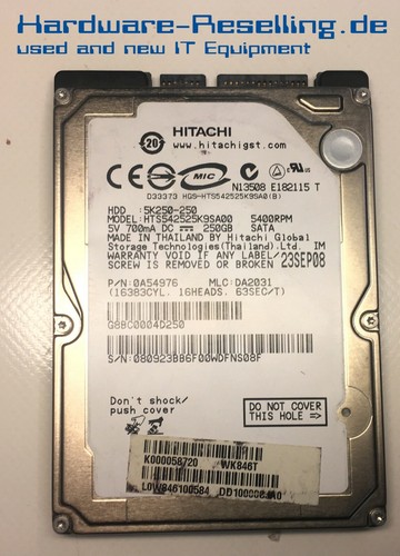 Hitachi 250GB 5,4k SATA 8MB HTS542525K9SA00 0A54976 K000058720 2,5" HDD