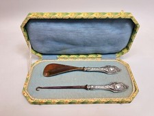Victorian Antique Shoe Horn Button Hook Set Sterling Silver Handle w/Box