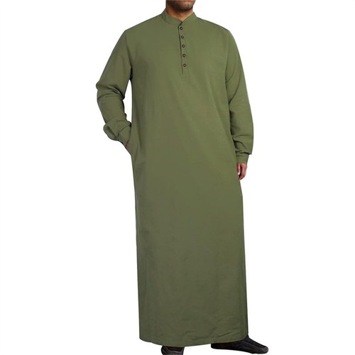Men's Long Sleeve Muslim Clothing Saudi Jubba Arab Kaftan Thobe Long Dress Robe - Picture 5 of 15