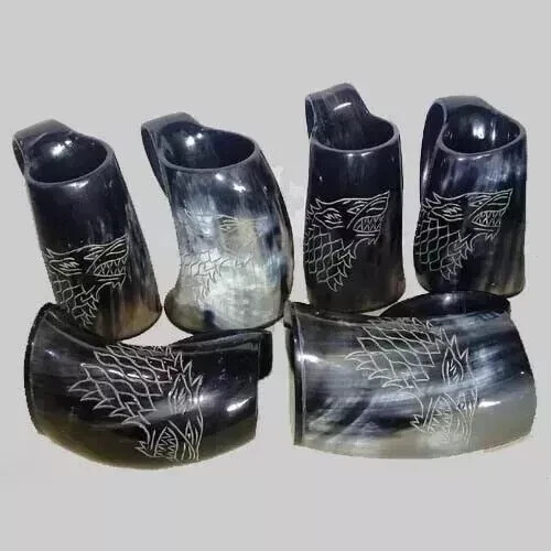 Lotto 6 pezzi tazza corno da bere lupo tankard intagliato vichingo per birra vino tazza mug - Foto 1 di 1