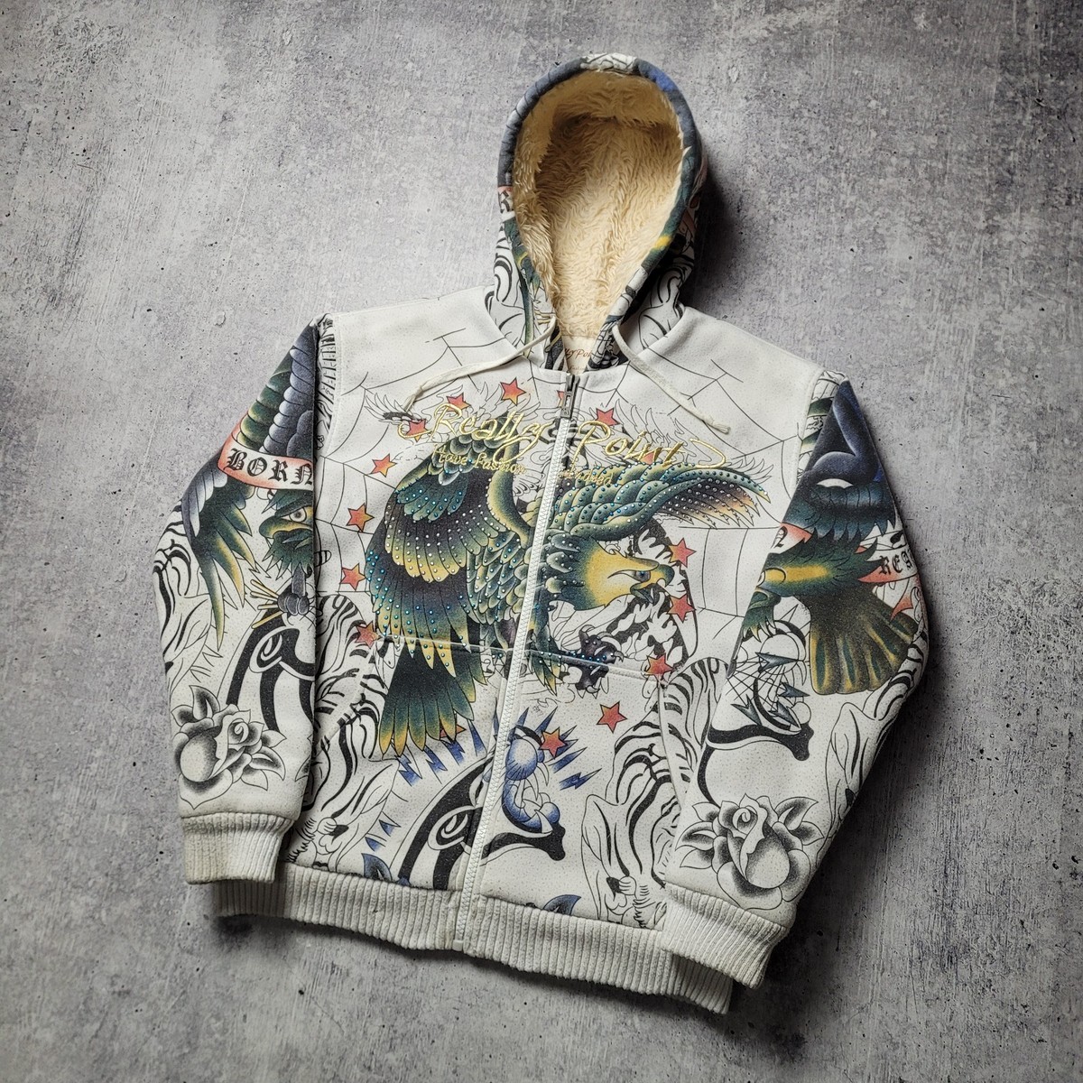 【レア】Ed Hardy ファー付きパーカー Y2K Vintage Really Point Y2K Faux Fur Zip Hoodie Mens Size M (L) Ed