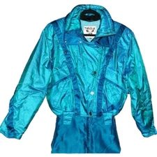 VINTAGE 90s TYROLIA Ski Suit One Piece Snowsuit Bib Size 12 COLOR CHANGING TEAL!