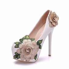 White Embroidered Floral Platform Heels Wedding Bridal Women's Shoes