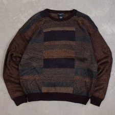 Vintage 90s Patterned Knitted Jumper L Acrylic Men's Burgundy Geometric