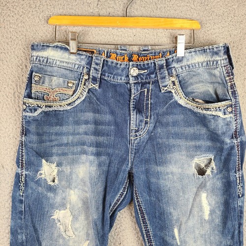 Rock Revival Jeans 34x34 Mens Victor Alt Straight Denim Distressed Thick Stitch - Picture 2 of 12
