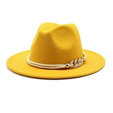 Lady Fashion Wide Brim Felt Fedora Panama Hat with Ring Belt Medium Yellow