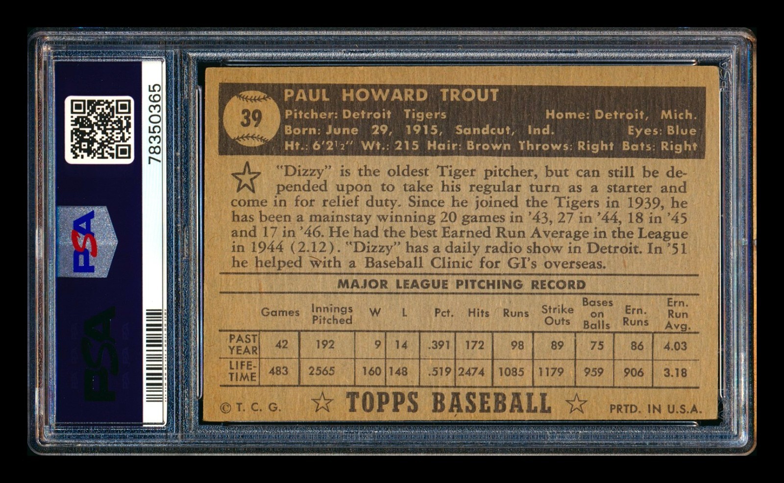 1952 TOPPS #39 DIZZY TROUT BLACK BACK DETROIT TIGERS PSA 4 VG-EX! view 2