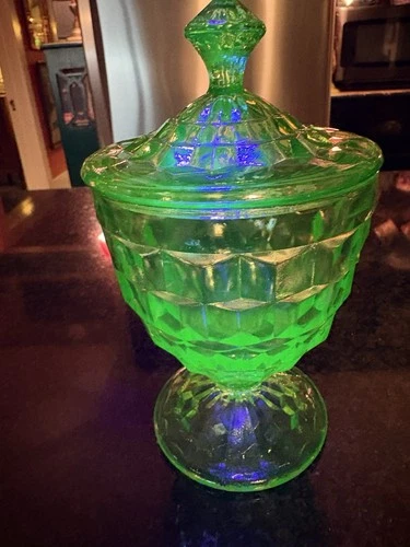 Uranium Glass Green Depression Jeannette Cube Candy Jar