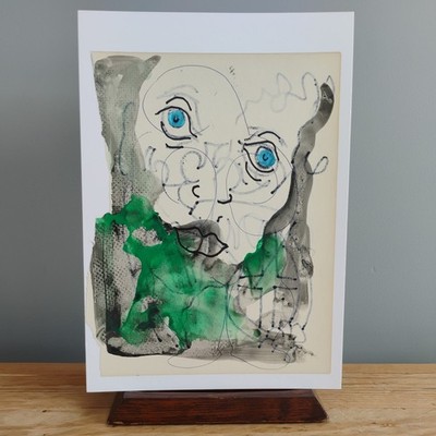 Helle kühne Mischtechnik Gouache Porträt Gemälde Frau Gesicht FK Owen grün blau