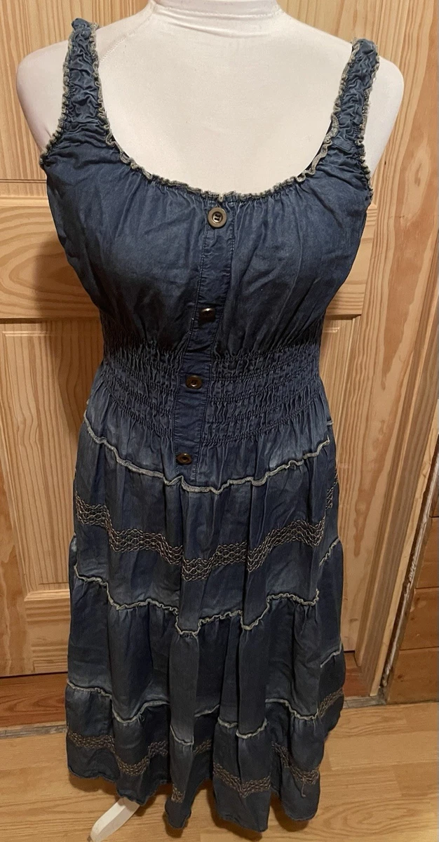 Lapis Western Cowgirl Chambray Denim Maxi Dress Smocked Sleeveless Size PM  ~ EUC | eBay