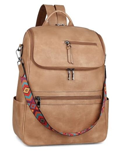 Leather Laptop Backpack for Women Camel Brown Retro Travel Bag