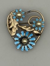 Vintage Barclay Heart with Turquoise Enamel Flowers Pearls