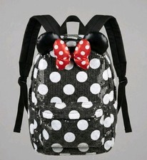 Disney Parks Minnie Mouse Sequin Backpack Black White Polka Dot Red Bow Ears EUC
