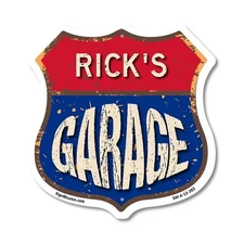 Rick's Garage Shield Shaped Sign Weather Resistant Crafted in the USA
