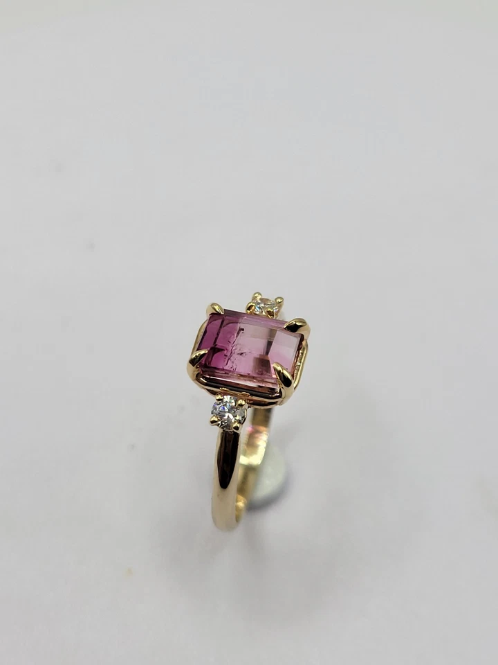 Anel de ouro amarelo sólido 14k turmalina rosa natural e diamante - Imagem 3 de 4