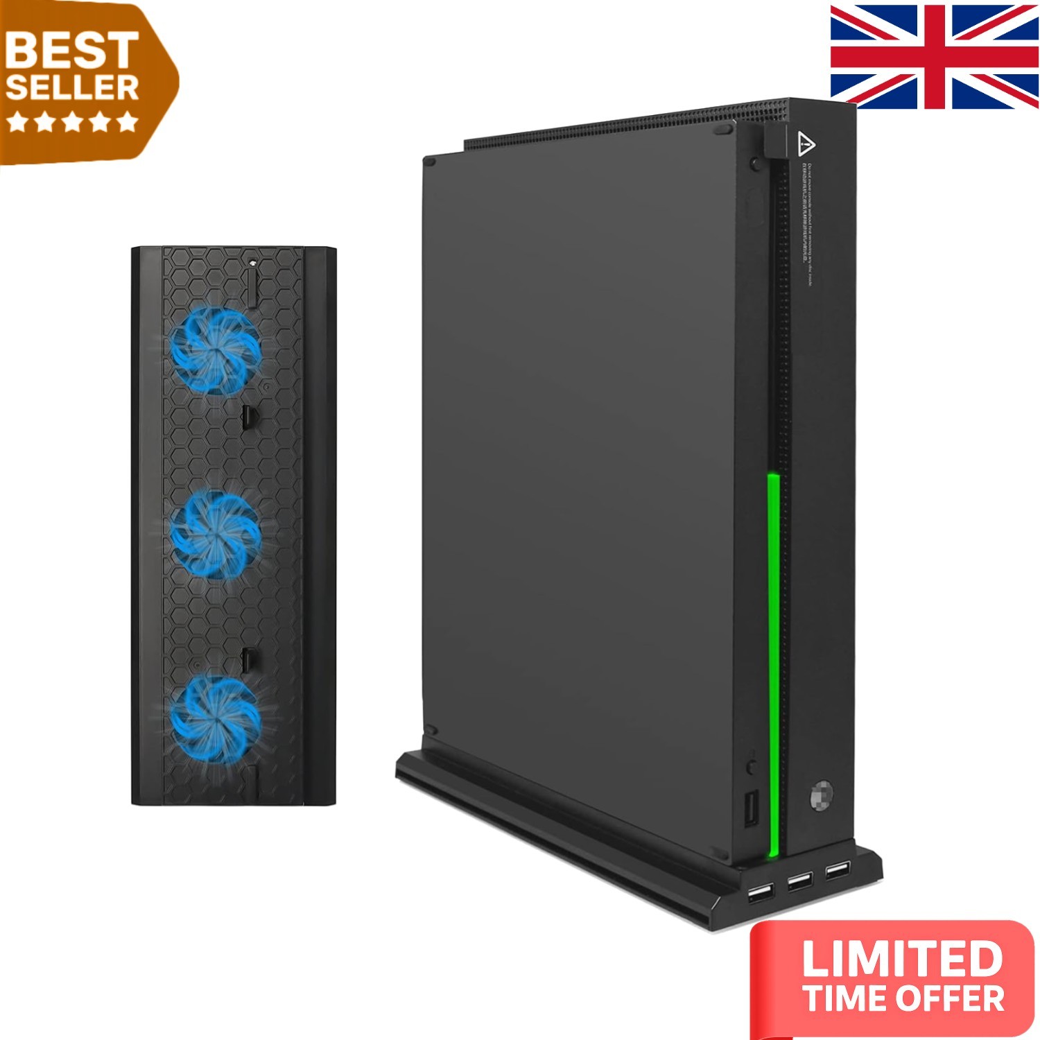 Modern Vertical Cooling Stand for Xbox One X - 3 USB Docking Ports Included