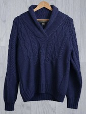 Inis Crafts Schalkragen 100 % Merino Made Ireland Grobstrick Marine Pullover Medium