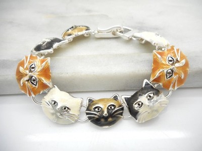 Cat Enamel Kitty Charm Bracelet Silver Plated Magnetic NEW