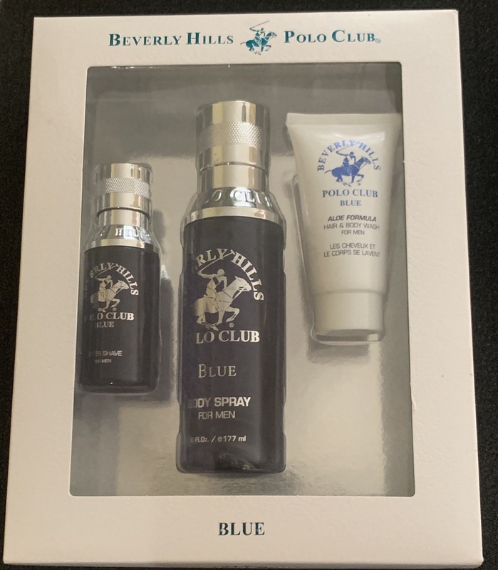 Beverly Hills Polo Club Blue For Men Spray, Hair &Body Wash, After Shave 3pc Set