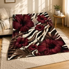 Hibiscus Zebra Stripe Coral Fleece Blanket Tropical Floral Print