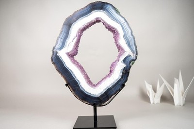 Blue & White Lace Agate Geode Slice with Lavender Amethyst Druzy on Stand   Spec