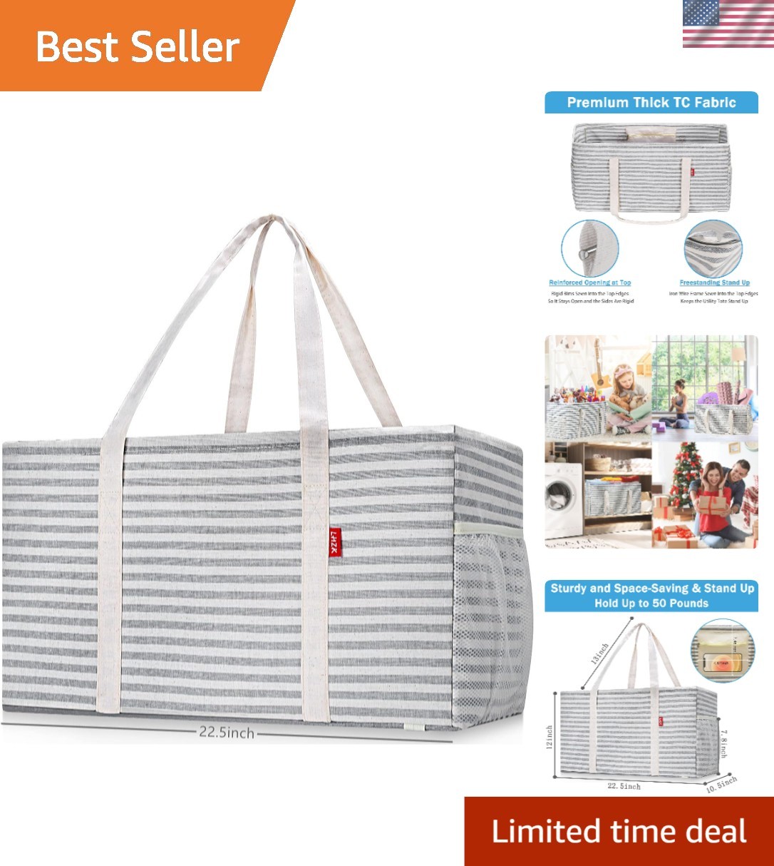 Extra Large Utility Tote with Pockets - Eco-Friendly Durable Carryall  