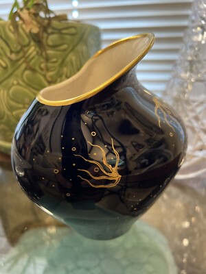 Vintage LINDNER  Echt Cobalt 310 Germany Gold Sea Creature Hand Painted Vase