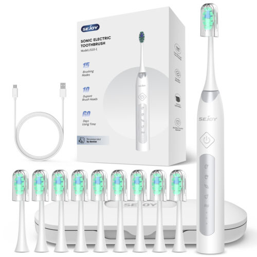SEJOY Sonic Electric Toothbrush Rechargeable Travel Case 5 Modes 10 Brush Heads - Picture 4 of 17