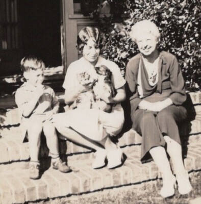 Vintage Family Moment Three Generations Women with Dog and Cat on Porch