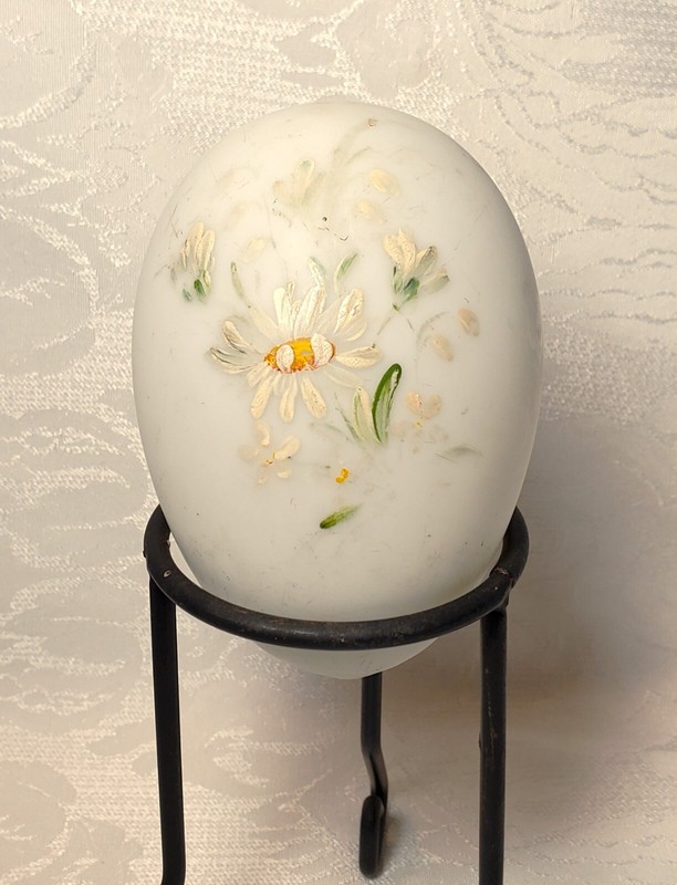 Antique 4-1/2" Milk Glass Hand Blown Pontil Easter Egg Hand Painted Flowers NICE
