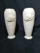Lenox Porcelain China Bud Vases Set of 2 Cream Raised Roses Blossom 24k 6"