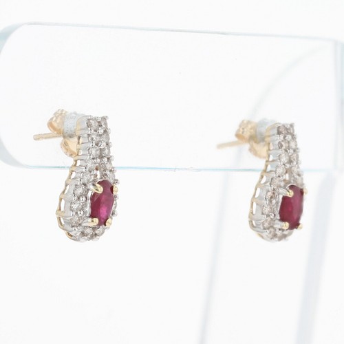 1.00ctw Oval Ruby with Diamond Accents Drop Pair Earrings 14k Multi-Tone Gold - Picture 2 of 5