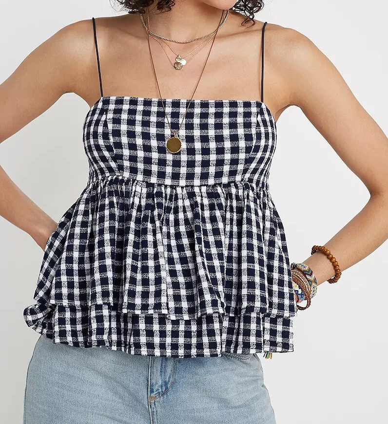 URBAN OUTFITTERS Navy OLIVIA Smocked Back TIERED RUFFLES HEM Babydoll Top/Cami M