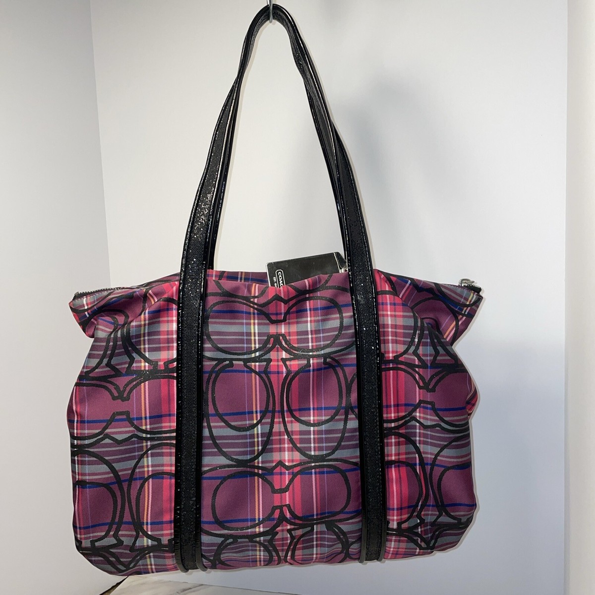 Coach Poppy Tartan Plaid Tote Shoulder Bag Black Purple #14360 | eBay