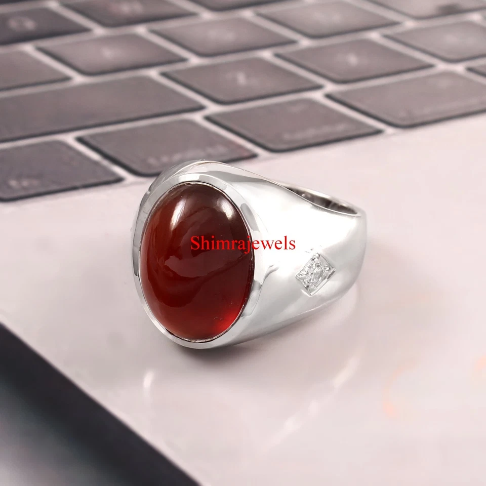 Piedras preciosas de hessonita natural con anillo de plata enchapado en oro blanco de 18k para hombre #1087 Foto 3 de 4