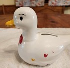 Kitsch Ceramic White Duck Bank With Colorful Hearts. No Chips Made In Taiwan — photo 2