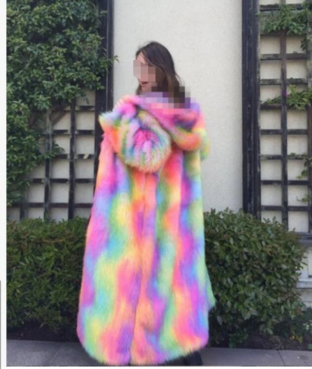 Trench Coat Women s Rainbow Outwear Mixed Hooded Fur Jacket Parka