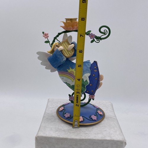 Hand Painted Canvas Cloth Angel Playing Harp in Metal Candlestick Holder - Picture 4 of 8