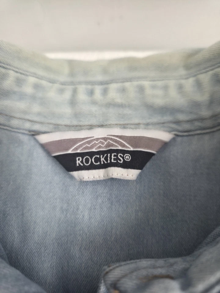 Camisa para mujer Rockies vintage 100 % algodón azul claro bordada de mezclilla talla XL Foto 2 de 4