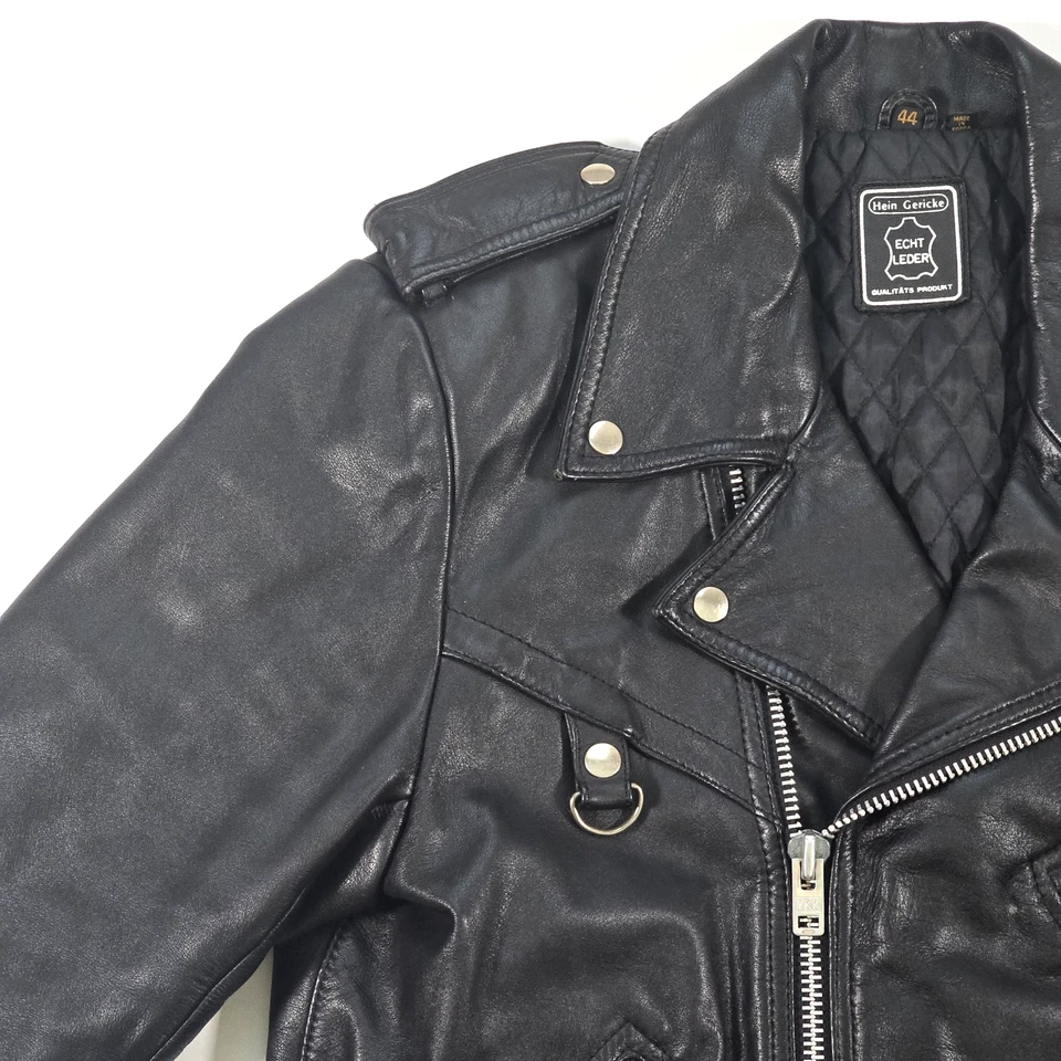 HEIN GERICKE BLACK LEATHER MOTORCYCLE JACKET Sz 44 ZIP QUILTED LINED VTG 80's - Image 4 of 4