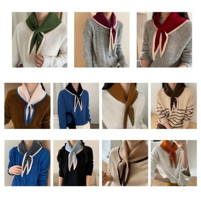Autumn Winter Wool Blend Knitted Triangular Scarf Featured Color Blocking Frame