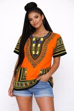 African Dashiki Blue Cotton Short Sleeve Shirt for Women Men Traditional Print