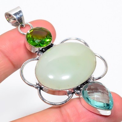 Aquamarin, Peridot Edelstein Unikat 925 Sterling Silber Schmuck Anhänger 2,84'' S6