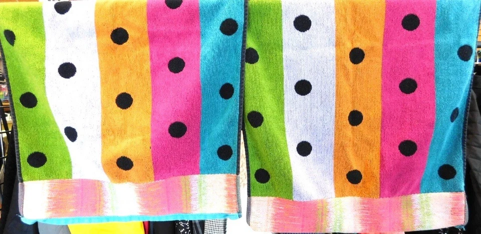 Set of 2 Mackenzie Childs Hand Towels Stripe Polka Dot - Image 2 of 4