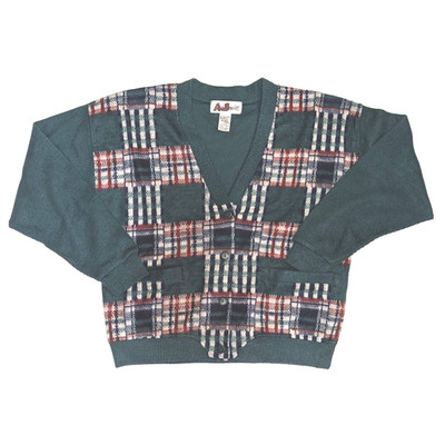 Vintage AJ Brandon Mens Large 80s Cardigan Plaid Knit Grunge Sweater Kurt Cobain